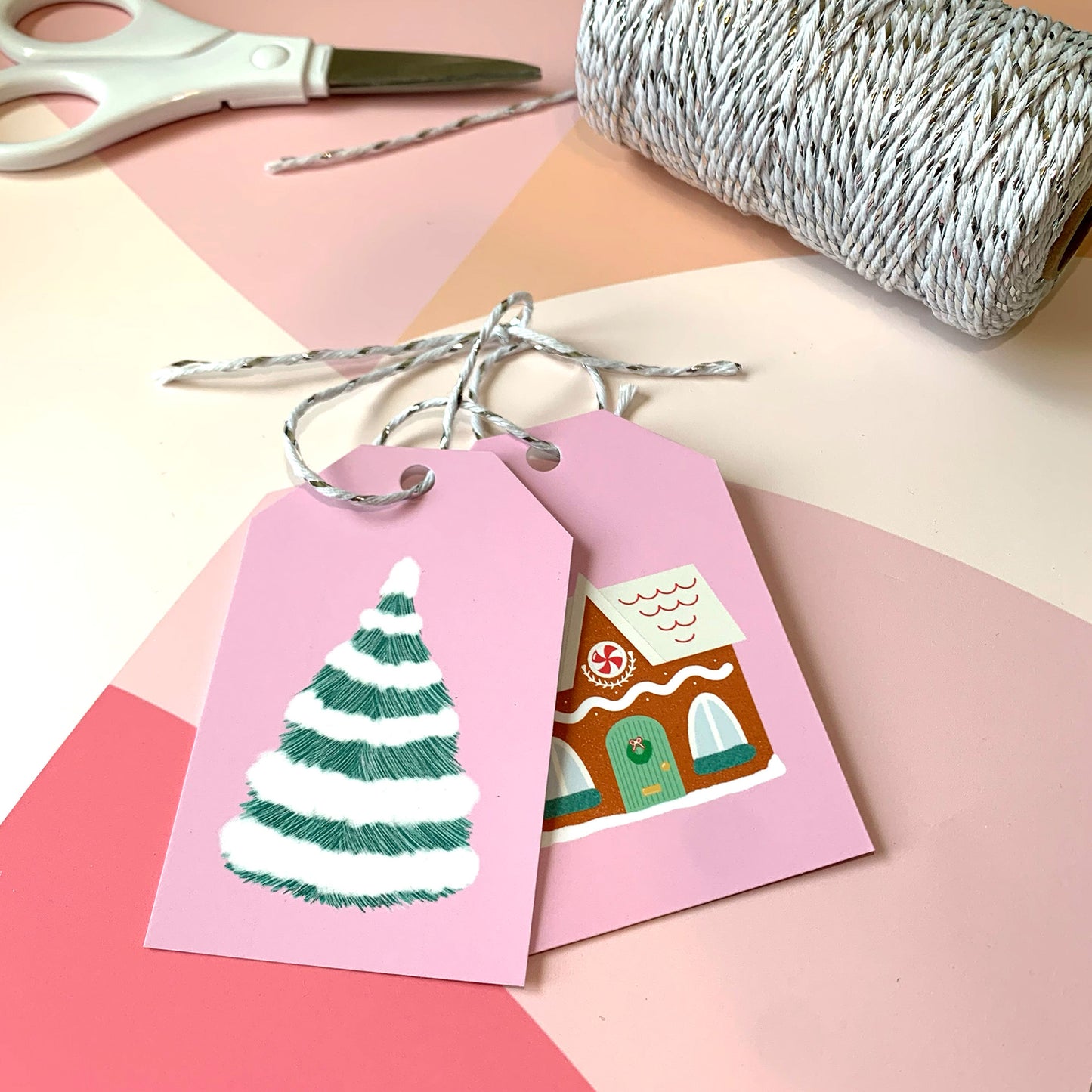 Gingerbread Pink Gift Wrap and Tag Set with Silver & White Twine