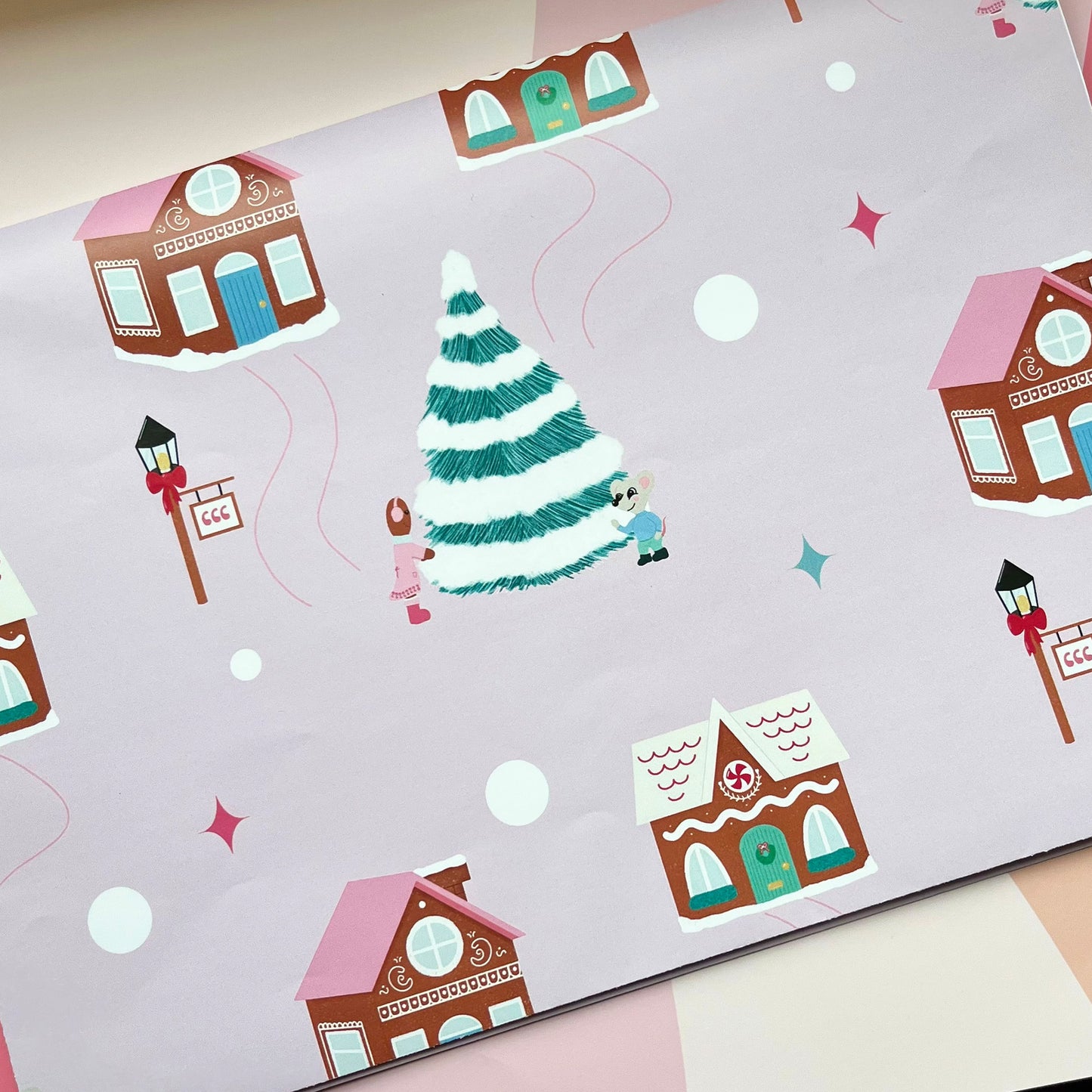 Gingerbread Pink Gift Wrap and Tag Set with Silver & White Twine