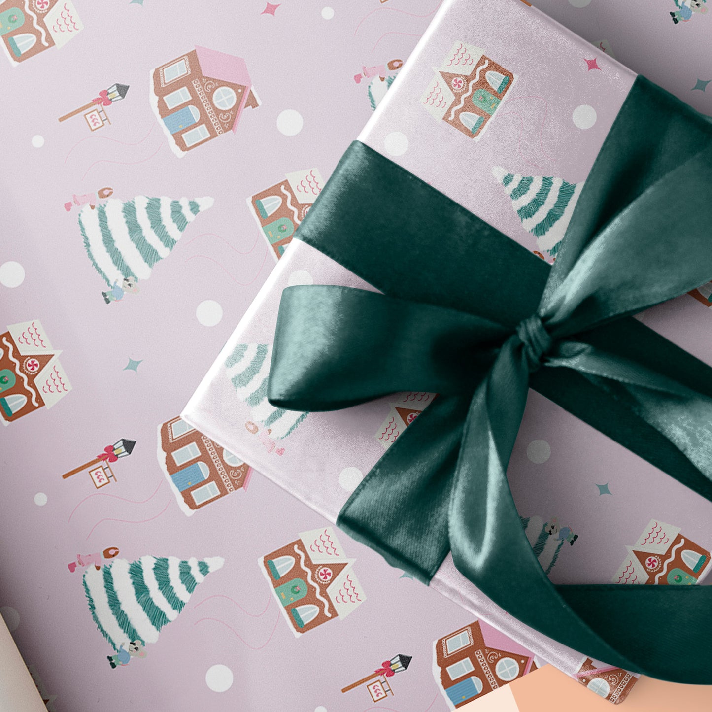 Gingerbread Pink Gift Wrap and Tag Set with Silver & White Twine
